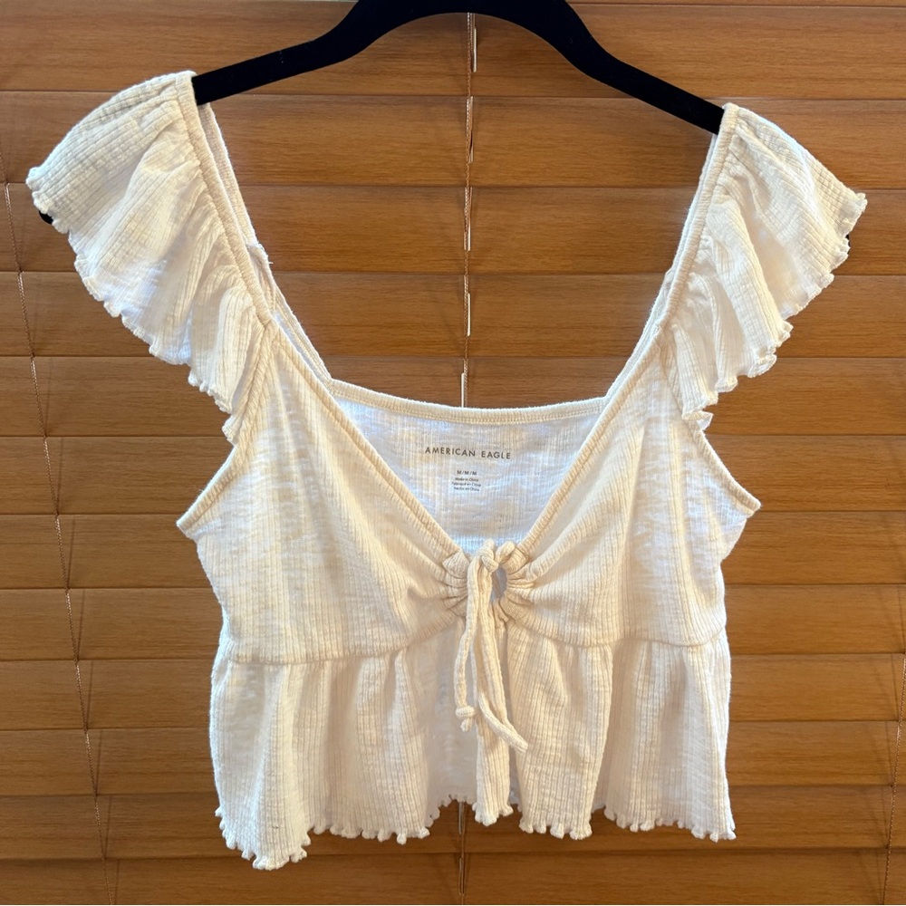 American Eagle Ruffle Tie‑Front Crop Top Cream White – Women’s Medium